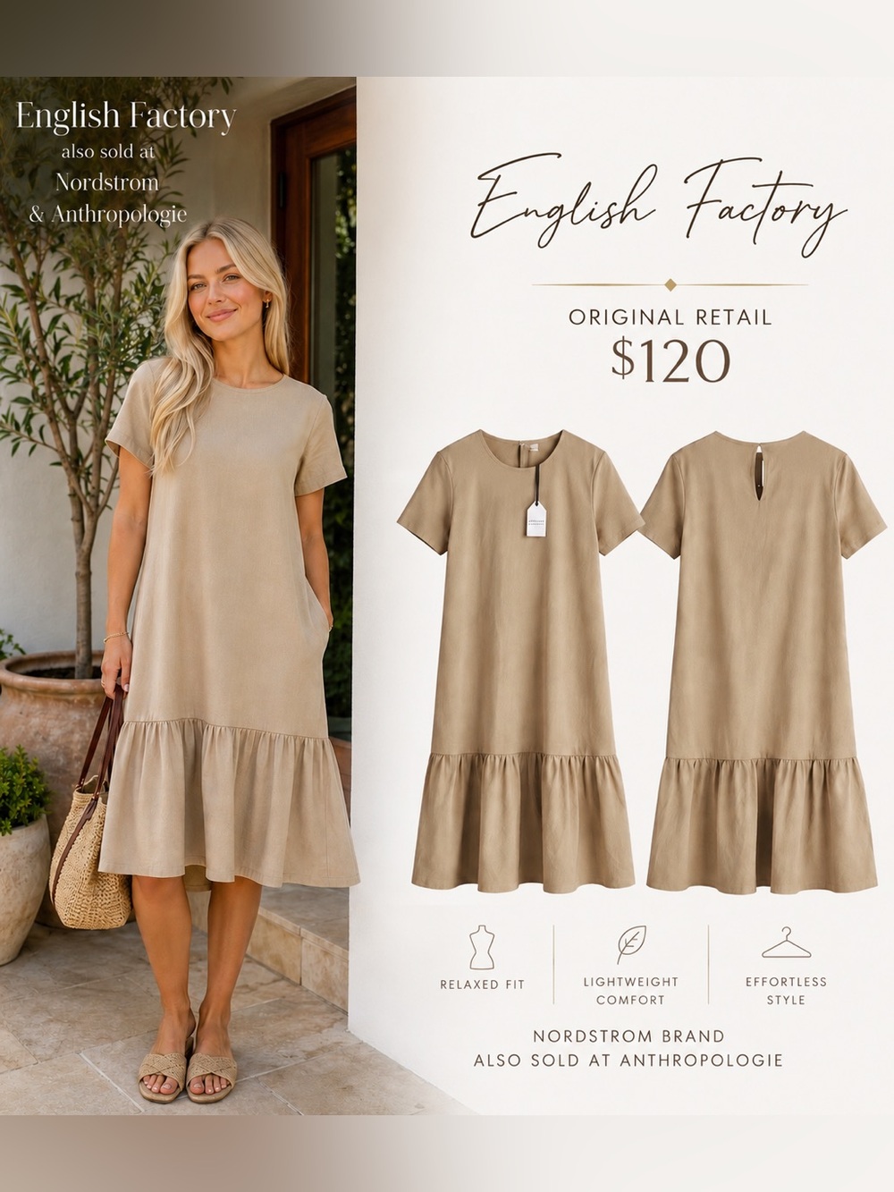 NWT English Factory Tan Short-Sleeve Ruffle-Hem Dress